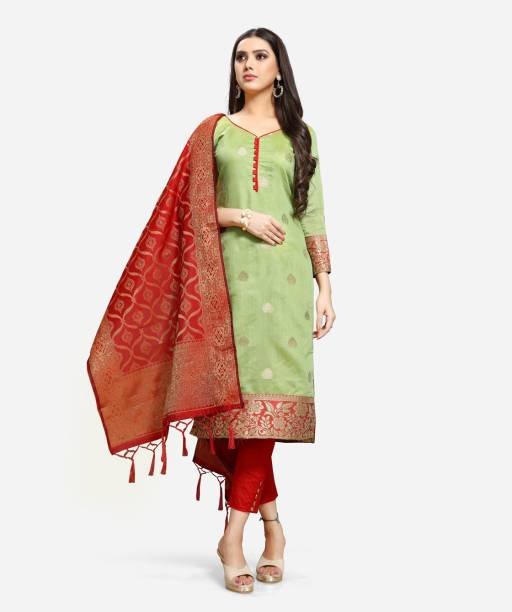 Banarasee Chanderi Cotton Salwar Kameez Zari Woven Buti Design Fabric-