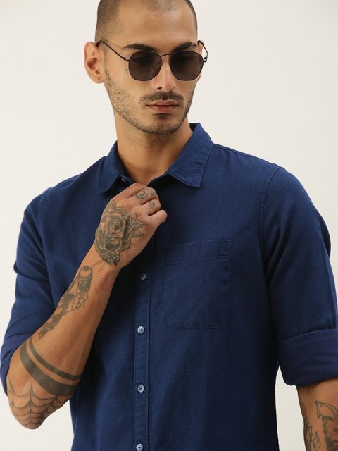 SINGLE Men Navy Blue Slim Fit Solid Casual Shirt