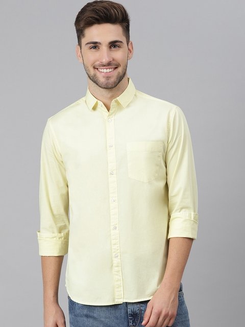 Dennis Lingo Men Yellow Slim Fit Solid Cotton Casual Shirt