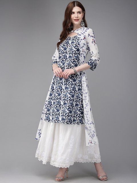 Twara dark blue intricate foil printed motifs 3/4th sleeve cotton straight  cut long kurti
