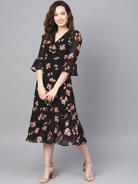 Women Classic Black Floral Ethereal Embroidery Dress– Inddus.in