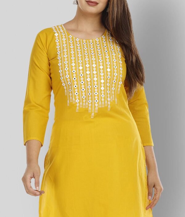 P PRIYA FASHION - Yellow Cotton Women's Straight Kurti ( Pack of 1 ) - Image 2