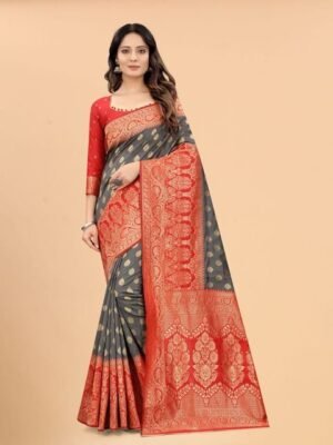 SATYAM WEAVES Grey & Red Ethnic Motifs Zari Silk Cotton Banarasi Saree