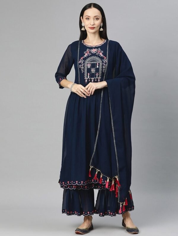 women three quarter sleeve kurta sharara set