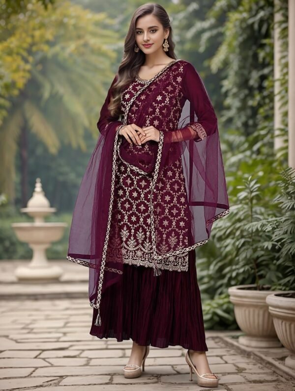 women three quarter sleeve kurta sharara set